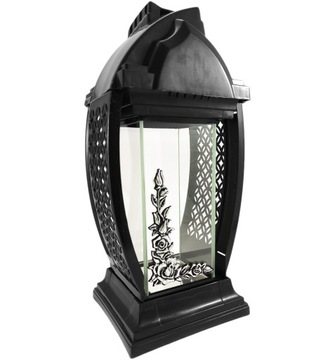 Unikatowy czarny znicz kapliczka lampion szklany ze srebrnym dekorem 33cm