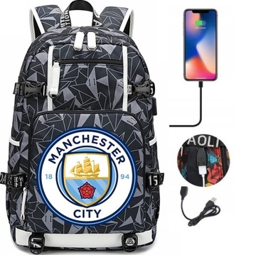 DUŻY PLECAK USB WODOODPORNY MANCHESTER CITY WZORY