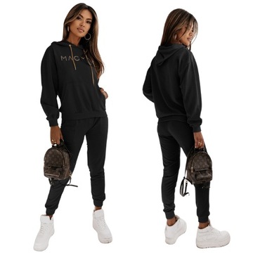 KOMPLET DRESOWY KAPTUR BLUZA SPODNIE KANGURKA LOGOTYP CZARNY S/M