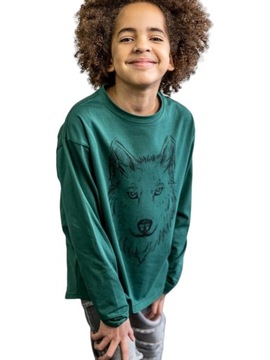 MashMnie Bluzka dziecięca longsleeve zielona z wilkiem 128/134
