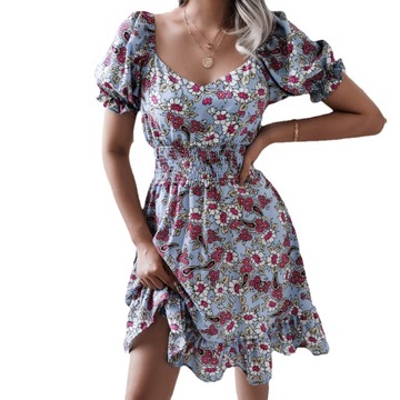 MODNA SUKIENKA MINI DAMSKA BOHO W KWIATY LUŹNA S-3XL
