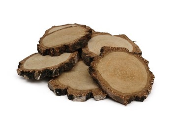 Plastry drewna o śr. 6-8 cm, gr. 1 cm gruba kora