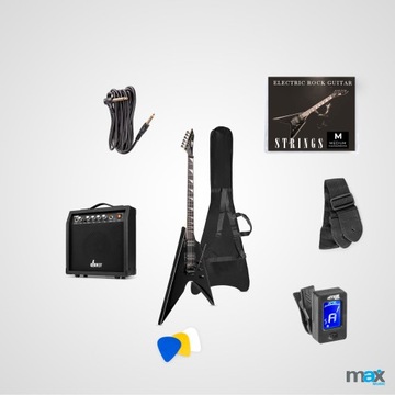 Zestaw Gitara elektryczna czarna typ V + wzmacniacz pokrowiec tuner dodatki