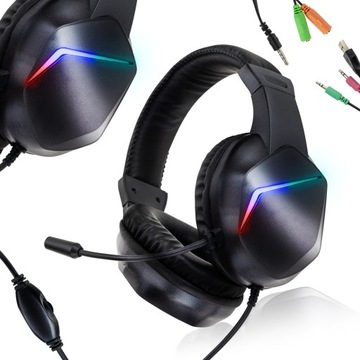 SŁUCHAWKI GAMINGOWE dla GRACZY RGB z MIKROFONEM NAUSZNE PODŚWIETLANE