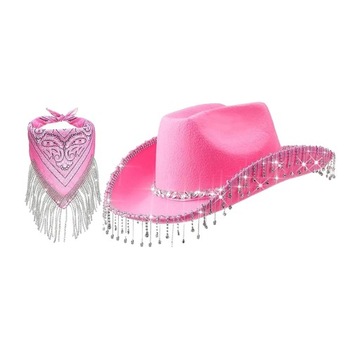 Kapelusz kowbojski z brokatem i frędzlami w kolorze różowym