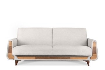 KANAPA ROZKŁADANA SOFA 3 BIAŁA DREWNO BOUCLE