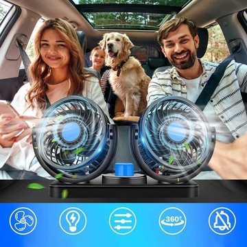 WENTYLATOR SAMOCHODOWY 12V PODWÓJNA GŁOWICA OBROTOWA 360 STOPNI DO POJAZDU