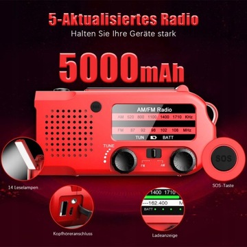 FM/AM солнечное радио с динамо-ручкой 5000 мАч фонарик
