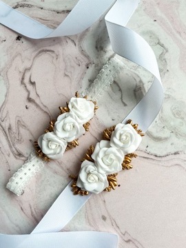 Комплект: повязка на голову и ремень для крещения, белый, повязка на голову и ремень для крещения, розы.