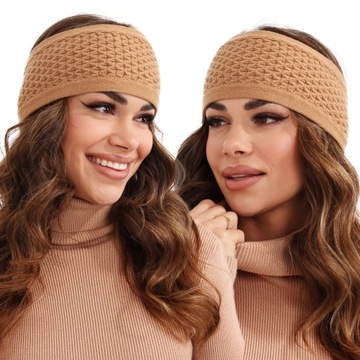 OPASKA DAMSKA NA GŁOWĘ USZY NAUSZNIKI TURBAN CZAPKA CIEPŁA SZEROKA KARMEL