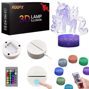 Lampka 3D nocna LED USB jednorożec + pilot