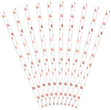 SŁOMKA PAPIEROWA RÓŻOWO-ZŁOTE SERDUSZKA-10SZT-3049