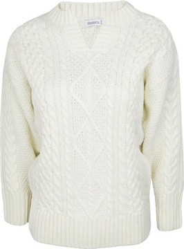 C&A Ciepły Luźny Efektowny Kobiecy Sweter V-Neck Oversize Ecru Warkocz 42