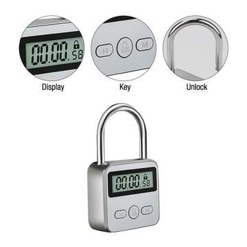 Навесной замок с таймером, зарядка через USB, макс. 99 часов, ЖК-дисплей, серебристый
