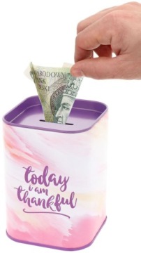 ПРЯМОУГОЛЬНАЯ МЕТАЛЛИЧЕСКАЯ КОПИЛКА, ОТКРЫТАЯ ДЛЯ ДЕНЕГ, ФИОЛЕТОВАЯ БАНКА