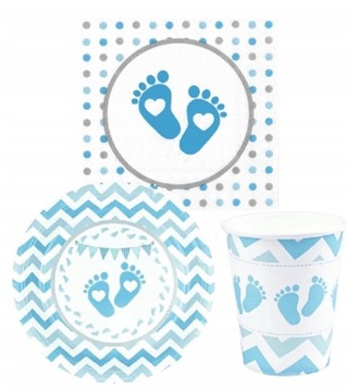 ZESTAW Talerzyki KUBECZKI BABY SHOWER niebieski