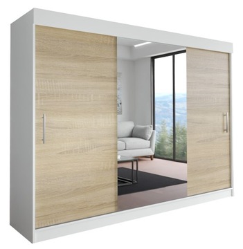 SZAFA MILAN - 3D 200 CM - BIAŁA + SONOMA (1x lustro) - garderoba z uchwytem