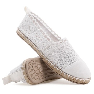 BIAŁE ESPARDYLE DAMSKIE KORONKOWE PÓŁBUTY WSUWANE TENISÓWKI PŁASKIE LEKKIE