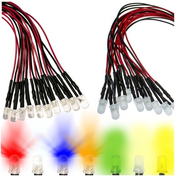 x10 DIODY LED 24V 3mm MIX KOLORÓW przewód 20cm 24V
