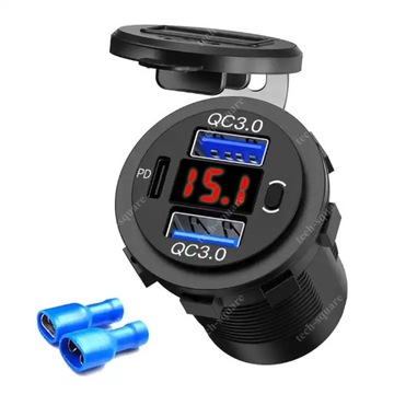 Gniazdo ładowania USB 2x QC3.0 36W + PD 55W 12-24V Woltomierz