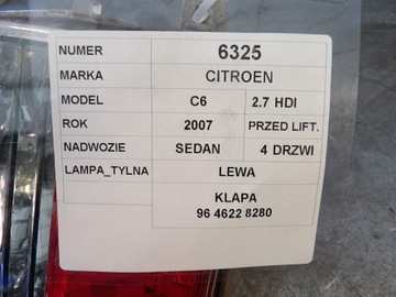 CITROEN C6 SVĚTLO ZADNÍ LEVÝ VÍKO KUFRU 2,7HDI