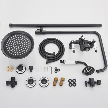 Zestaw Prysznicowy Naścienny z Okrągłą Deszczownicą Czarny RETRO Mosiądz