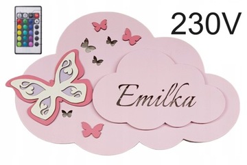 KINKIET Lampka 230V nocna, LED CHMURKA imieniem MOTYLKI pilot KOLORY kolory