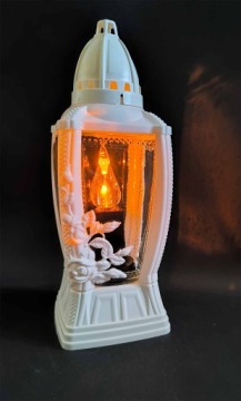 Свеча часовня, стеклянная вставка, белый глянец, могильный фонарь, 32 см, тонкий