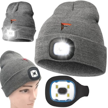 CIEPŁA CZAPKA ZIMOWA LAMPKA LED ŁADOWANA USB AKUMULATOROWA LATARKA CZOŁOWA