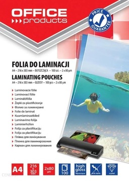 FOLIA DO LAMINOWANIA OFFICE PRODUCTS A4 2X80MIC 100SZT