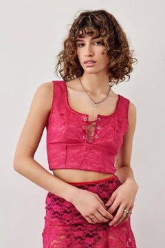 URBAN OUTFITTERS RÓŻOWY KORONKOWY CROP TOP WIĄZANIE Y9G NH5__S