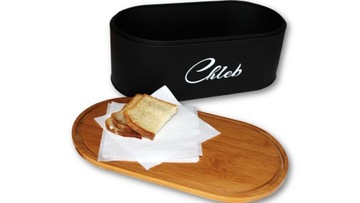 Эмалированная хлебница, бамбуковая крышка, доска, надпись