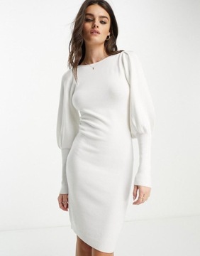 French Connection NH2 nlv dzianinowa biała sukienka midi rękawy bufki M