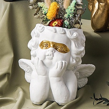 Статуя ангела, голова, лицо, цветочный горшок, декоративная ваза с дренажем, белое золото