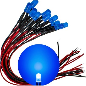 DIODY LED 12V 5mm NIEBIESKIE MAT - przewody długość 20cm | komplet 10 SZT