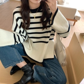 ЖЕНСКИЙ СВИТЕР ДЛЯ ГОЛЬФА В ПОЛОСКУ, ТЁПЛЫЙ БЕЖЕВЫЙ