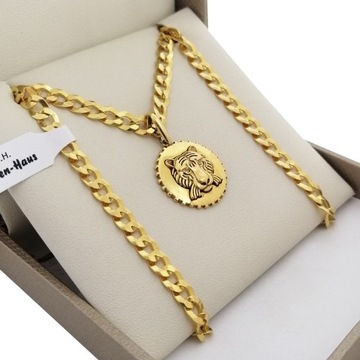 ZŁOTY ŁAŃCUSZEK PANCERKA + LEW 24K 55CM PREZENT
