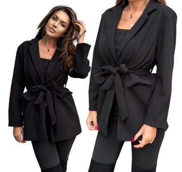 Elegancki płaszcz damski wiązany z paskiem, flauszowy, krótki czarny L