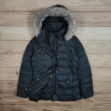 TOMMY HILFIGER Kurtka Parka Puchowa Damska z Futerkiem Logowana r. S