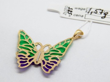 Złota zawieszka motyl kolorowe skrzydła złoto 585