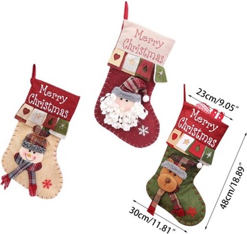 НОСКИ РОЖДЕСТВЕНСКИЕ ДЛЯ ПОДАРКОВ УКРАШЕНИЕ КАМИНА УПАКОВКА 3 шт.