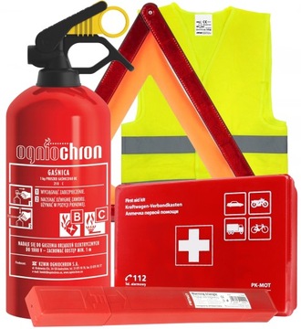 ZESTAW SAMOCHODOWY GAŚNICA OGNIOCHRON 1kg TRÓJKĄT KAMIZELKA APTECZKA