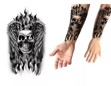 Sztuczny tatuaż czaszka korona skrzydła czarny
