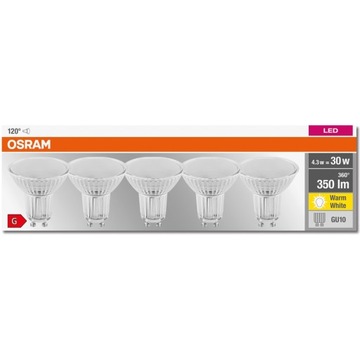 5 светодиодных ламп GU10 4,3 Вт = 30 Вт, 350 лм, 2700 К OSRAM