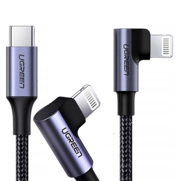 UGREEN KABEL KRÓTKI USB TYP-C Lightning CZARNY 1,5m KĄTOWY 90 STOPNI PD 20W