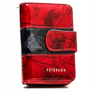 PETERSON portfel damski skórzany elegancki lakierowany z motylami CZERWONY