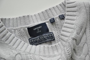 SUPERDRY Jasno szary ciepły sweter oversize + sploty + logo naszywka L
