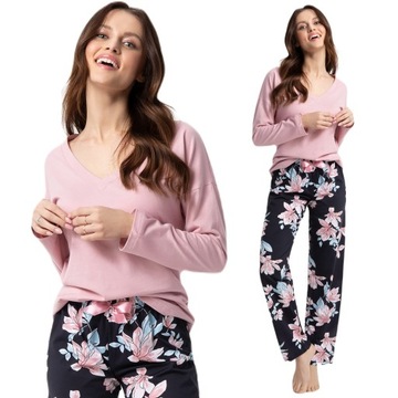Piżama damska LUNA kod 614 pudrowy róż / granatowe spodnie w kwiaty XL