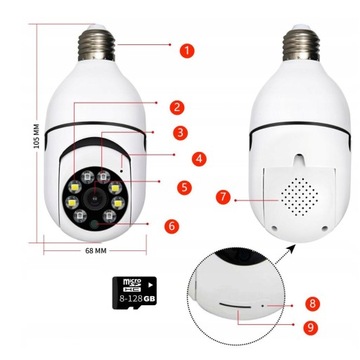 ВНУТРЕННЯЯ И НАРУЖНАЯ IP-КАМЕРА 64G 360° HD 1920*1080 E27 ЦЕНТР ДЛЯ ЛАМПЫ