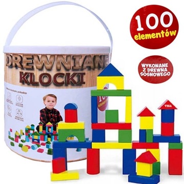 DREWNIANE KLOCKI 100 szt. we Wiaderku Sorter dziec